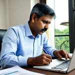 A focused Indian man, in his 40s, dressed in a professional, modest shirt and trousers. He is seated at a clean, modern desk, meticulously reviewing a complex electricity bill with a pen in hand. His expression is thoughtful and slightly concerned, indicating deep concentration on understanding the details. The background is a brightly lit, contemporary home office with a large window showing a glimpse of urban or suburban Indian architecture. Neatly organized files and a laptop are on the desk. Professional photography, studio lighting, hyper-realistic, sharp focus, vibrant colors, detailed textures, safe for work, appropriate content, fully clothed, professional, perfect anatomy, correct proportions, natural pose, well-formed hands, proper finger count, natural body proportions.