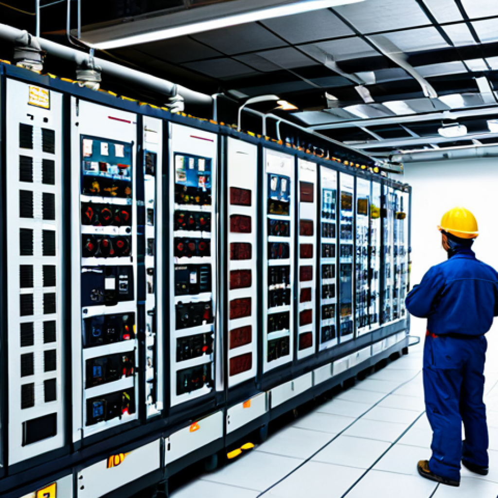 Industrial Power System Design**

"A bustling industrial setting with a large electrical control panel, various electrical components, and workers in safety gear. Focus on the complexity of power distribution and design. Include transformers, circuit breakers, and cables. Show blueprints or schematics in the background. Fully clothed workers, appropriate attire, safe for work, perfect anatomy, natural proportions, professional, high quality, modest."

**