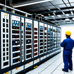 Industrial Power System Design**

"A bustling industrial setting with a large electrical control panel, various electrical components, and workers in safety gear. Focus on the complexity of power distribution and design. Include transformers, circuit breakers, and cables. Show blueprints or schematics in the background. Fully clothed workers, appropriate attire, safe for work, perfect anatomy, natural proportions, professional, high quality, modest."

**