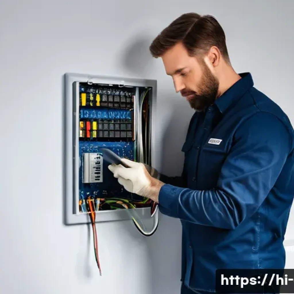 전기기사 자격증으로 창업하기 - **Prompt:** A skilled male electrician, in his late 30s, wearing a clean, dark blue utility shirt wi...