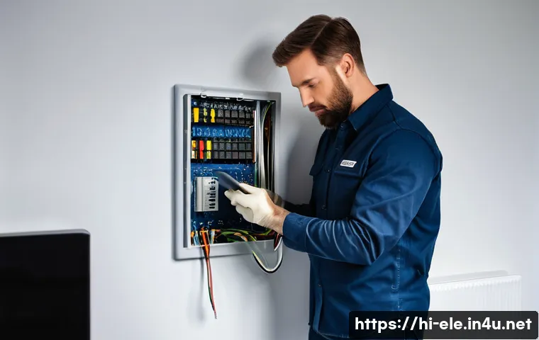 전기기사 자격증으로 창업하기 - **Prompt:** A skilled male electrician, in his late 30s, wearing a clean, dark blue utility shirt wi...