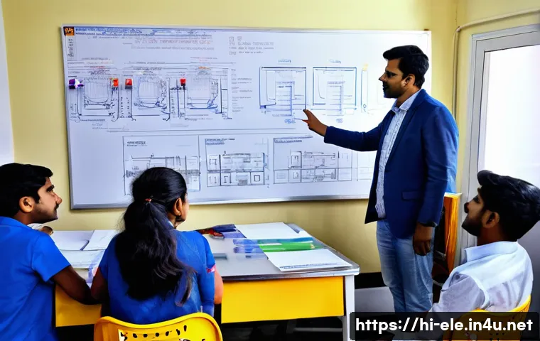 전기분야에서의 이론과 실무의 연결점 - A detailed engineering workshop scene in India showing an experienced electrical engineer explaining...