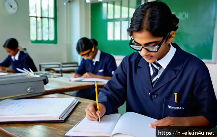 전기기사 실기시험에서의 채점 기준 - A focused Indian student wearing neat school uniform and safety goggles, diligently performing an el...