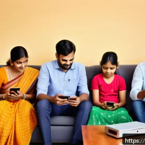 Home 17 전기분야에서의 고객 커뮤니케이션 방법 - A modern Indian family sitting comfortably in their living room, using a smartphone app to pay their...