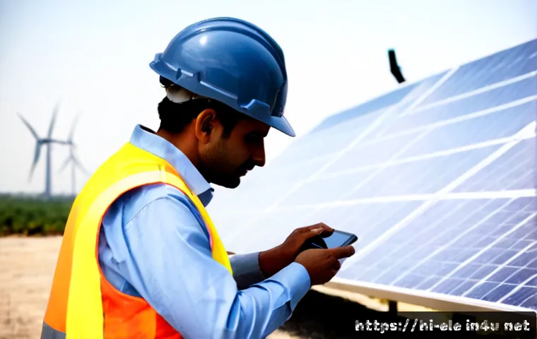 전기공사기사와 에너지 전환 프로젝트 - Photorealistic Indian electrical engineer in a clean safety helmet and reflective vest inspecting a ...