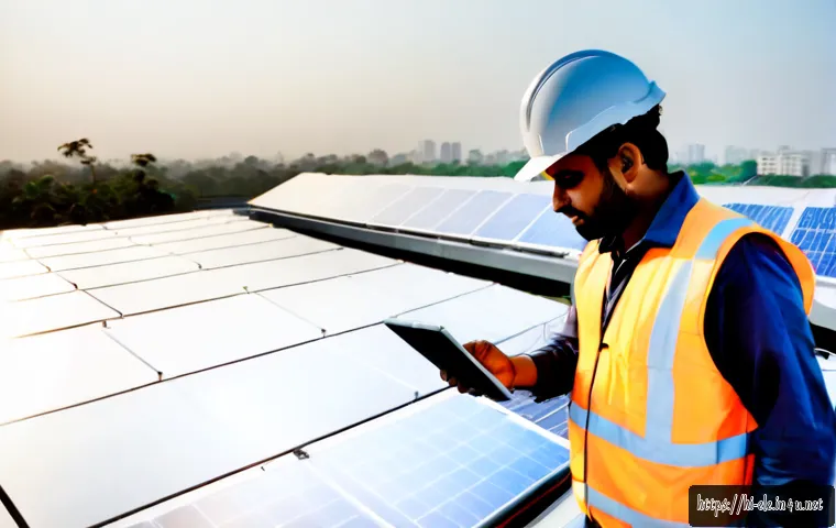 Home 17 전기기사와 태양광 발전 설계 - Photorealistic Indian electrical engineer wearing a clean safety helmet and reflective vest, inspect...